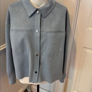 Blue faux suede snap front cropped jacket